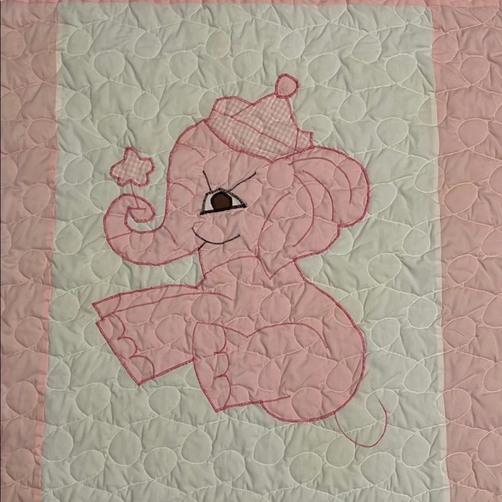 Handmade in 1992 Pink and White Elephant Baby Quilt
